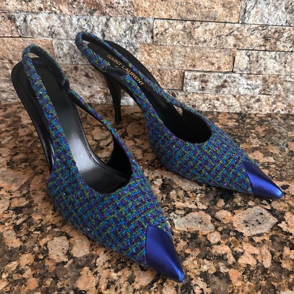 Saint Laurent Arian Vert Blue Violet Tweed Slingback - Picture 1 of 13